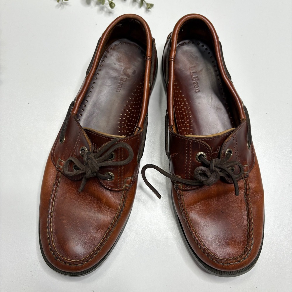 LL Bean Leather Boat Shoes Mens Size 9 Brown Lace Up Loafers Casual Comfort
